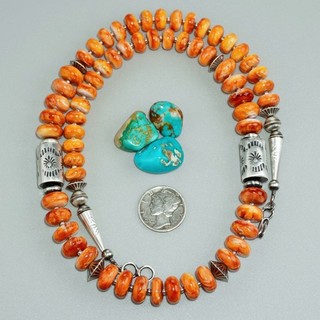 Navajo Pearl SPINY OYSTER Necklace STAMPED CYLINDER Barrel Squash Blossom FLUTED