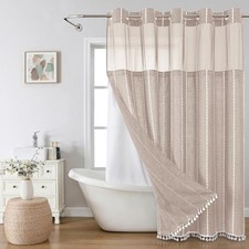 Boho Farmhouse No Hook Shower Curtain Set with 71"W x 74"L Pack of 1 Taupe