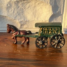 Vintage Cast Iron U.S. Mail Horse Drawn Wagon Toy - Green  Gold - 7" Western