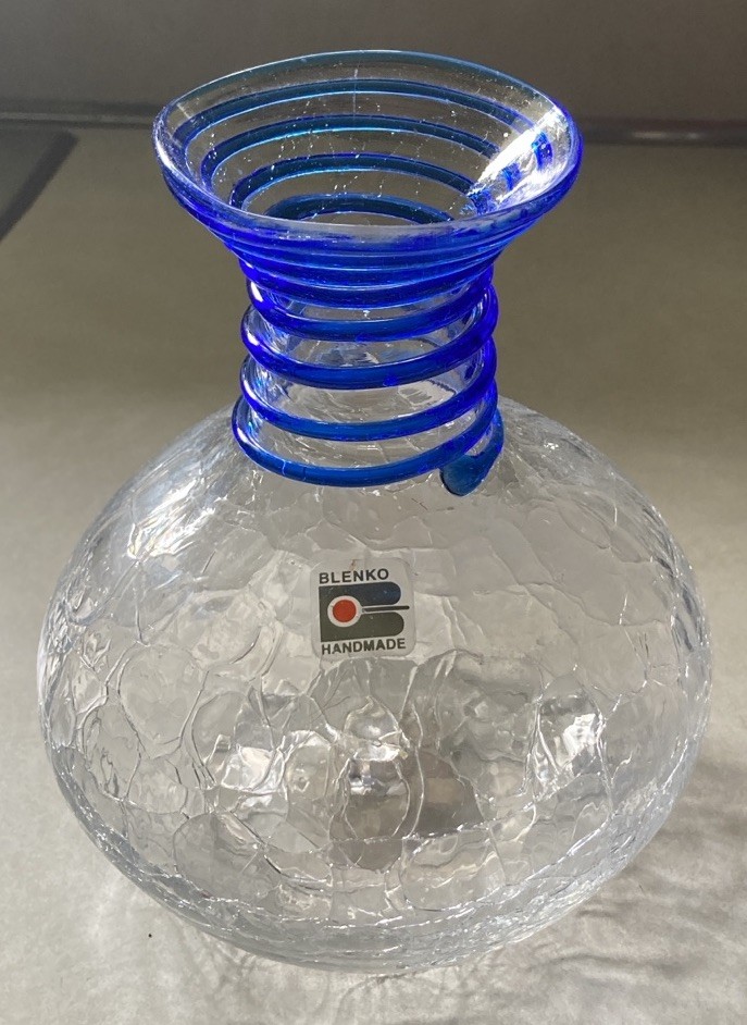 VTG Blenko Glass Crackle Vase Jar Cobalt Blue Spiral Swirl Neck 7"H
