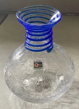 VTG Blenko Glass Crackle Vase Jar Cobalt Blue Spiral Swirl Neck 7"H