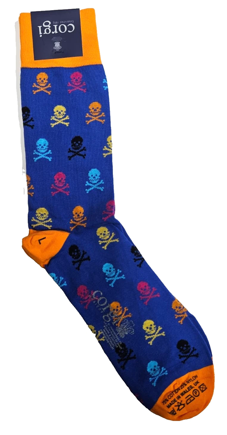 Corgi Hosiery Men's Socks Skull Design Orange & Blue - Size L - 75% Cotton - NEW