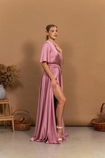 Rose Gold Bridesmaid V-Neck Formal Flared Maxi Gown With Sleeves Cocktail Dress