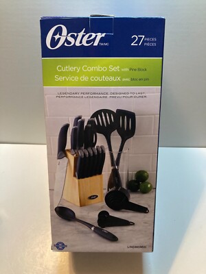 NEW Oster Lindbergh 27 Piece Black Handles Cutlery Combo Set with Pine Block