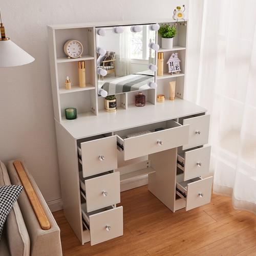 Vanity Set with Led Lights Makeup Desk Dressing Dresser Desk Table with 7 Drawer - Picture 4 of 8