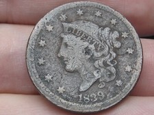1839 Coronet Head Large Cent Penny- Silly Head, VG/Fine Details