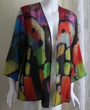 Cocoon Tao House Sz S M Hand-printed Ooak Art-to-wear Open Fine Wool Jacket Lux