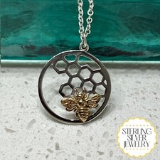 Honeycomb with Bronze Bee Necklace, Sterling Silver, Honeybee Jewelry, Bee Charm