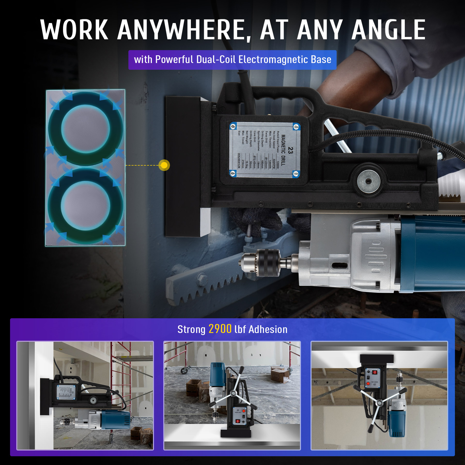 Drill 1200W 2900lbf/13000N Portable Mag Drill Press 500RPM 0.9