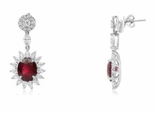 GIA CERTIFIED 9.89CT DIAMOND & AAA RUBY 18KT WHITE GOLD FLOWER HANGING EARRINGS
