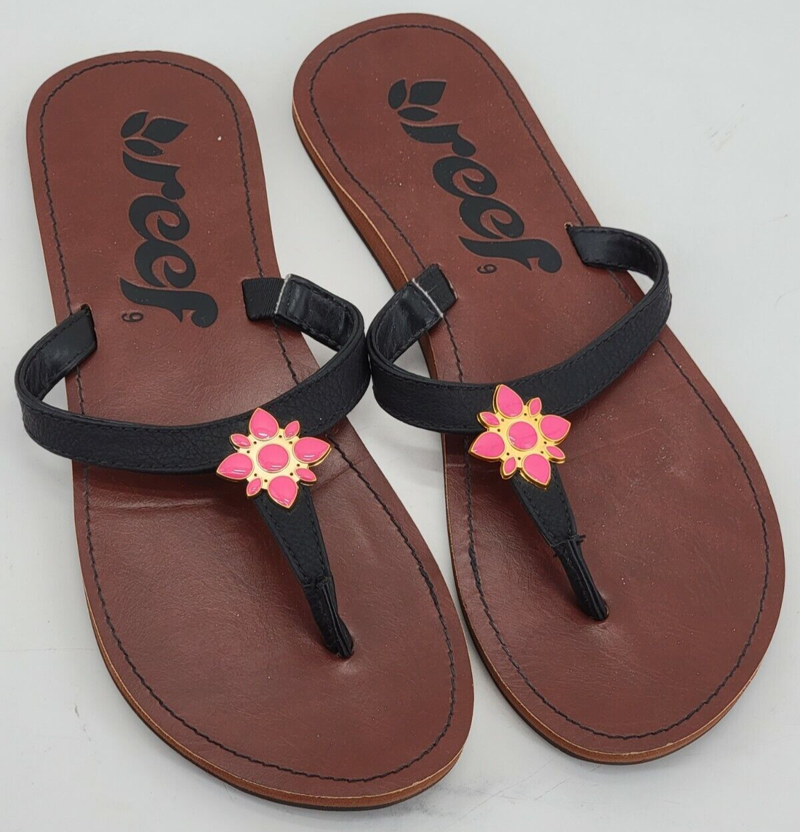 Reef Womens Size Brown Black Thong Flip Flop Sandals Floral