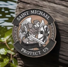 St Michael Protect Us Patch Coyote Brown Embroidered on Twill Hook Side only