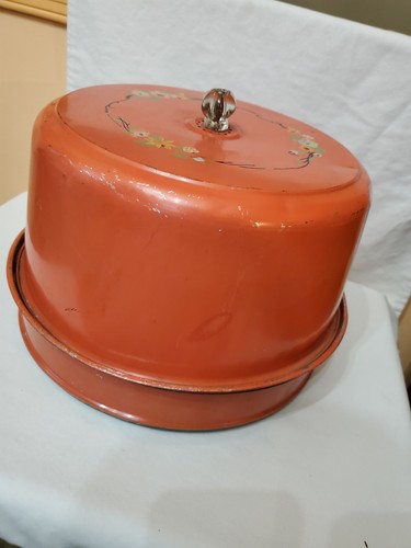 antique metal tin cake pie carrier pan holder orange floral 2 tier retro kitchen - Picture 3 of 6