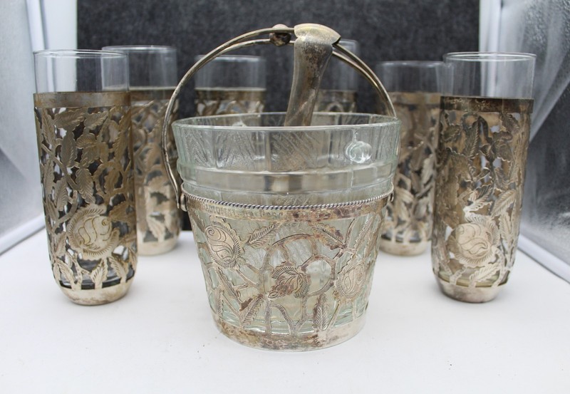 MCM VTG Mexico Rose Pattern Ice Bucket & Tumbler Glasses SAILFISH Trophy 1966