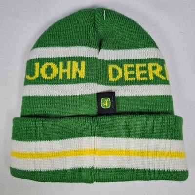 John Deere Kids Green White Yellow Striped Knit Beanie Hat Childrens NWOT