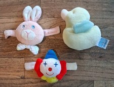 Vintage Eden Terry Cloth Plush Baby Wrist Rattle Pink Bunny Clown Duck Lot 3