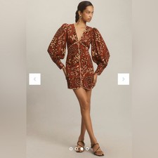 Farm Rio x Anthropologie Long-Sleeve V-Neck Mini Dress Size XXS. NWT.Retail $198