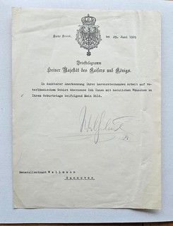Brieftelegramm des Kaisers Wilhelm an Generalleutnant Richard Wellmann Hannover