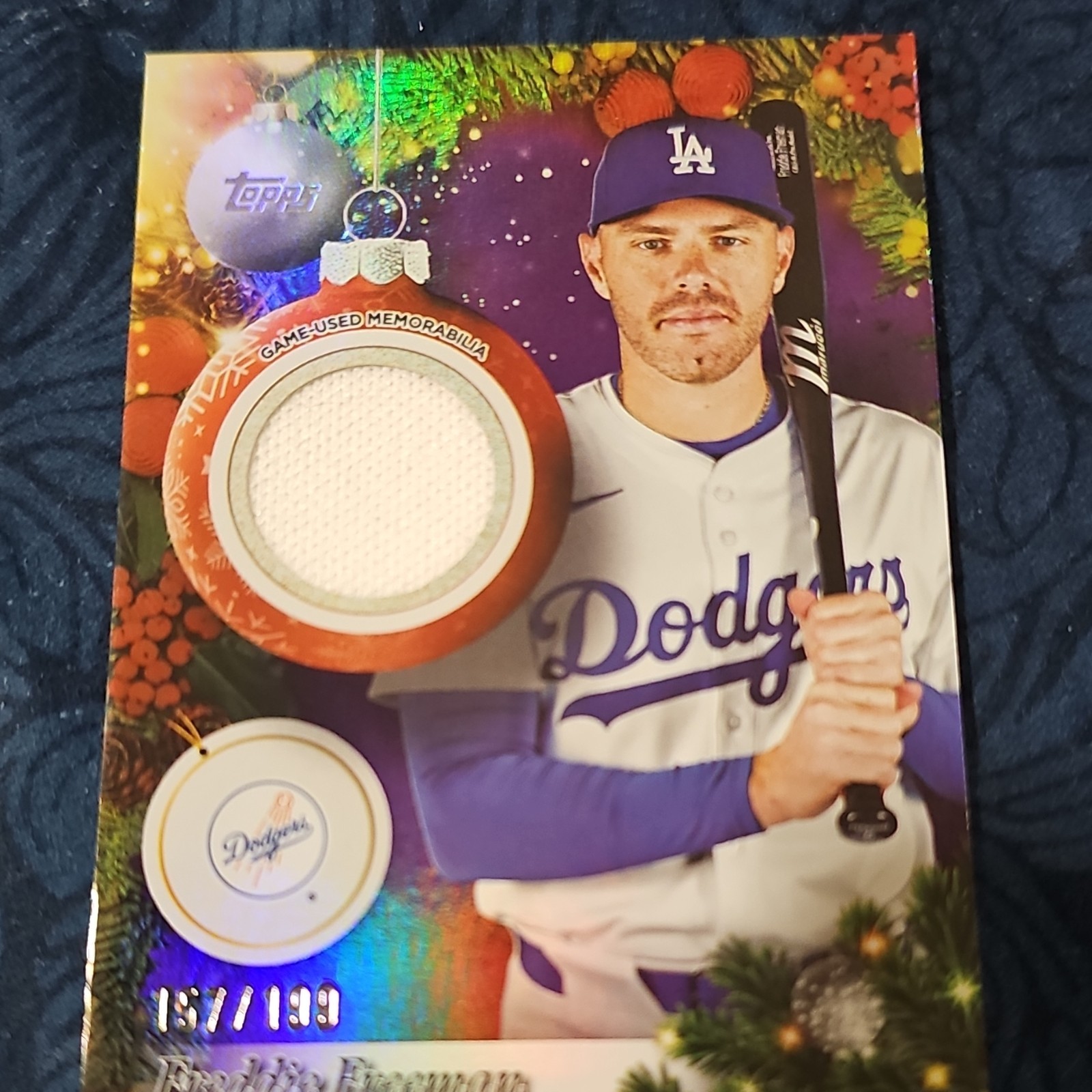 Topps Holiday Relics Freddie Freeman PR-FF Purple Metallic #/199. Game Worn!