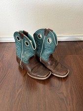 Kids Ariat Turquoise, Brown Leather Square Toe Cowboy Boots Size 1.5 read