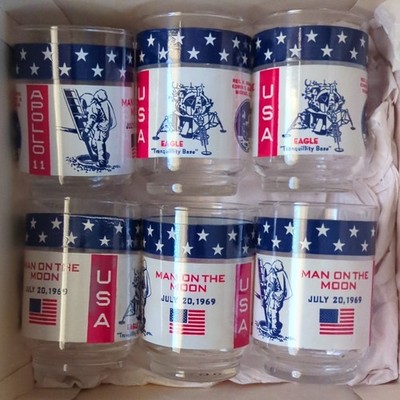 Apollo 11 1969 Man on the Moon Tranquility Base USA Eagle Glass Mugs Set of 6
