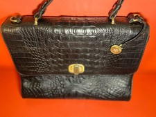 Brahmin Black Crocodile Embossed Satchel Top Handle Bag Gold Hardware Charm