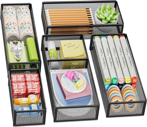 Desk Drawer Organizer 5 Pack Mesh Storage Trays Adjustable Divider Office