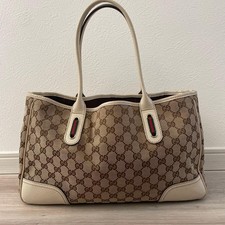 GUCCI GG Borsa Tote in Tela Linea Sherry Pelle Beige Bianco Marrone Nastro A4