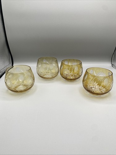 (4) Rare Polish Amber Cut To Clear 3 Inch Crystal Wine Glass - Picture 5 of 13