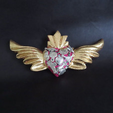 Milagros Sacred Heart Wings Wood Pink Gold Leaf Handmade Mexican Folk Art Wall