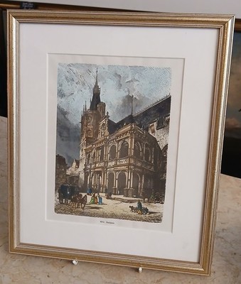 Bild Holzschnitt um 1830 - Rathaus Köln - coloriert - schön gerahmt -B442