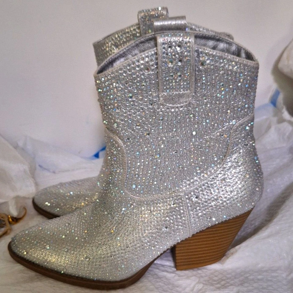 Botas vaqueras Forever para mujer botín al tobillo con tachuelas de cristal tacones occidentales talla 10 Foto 2 de 4