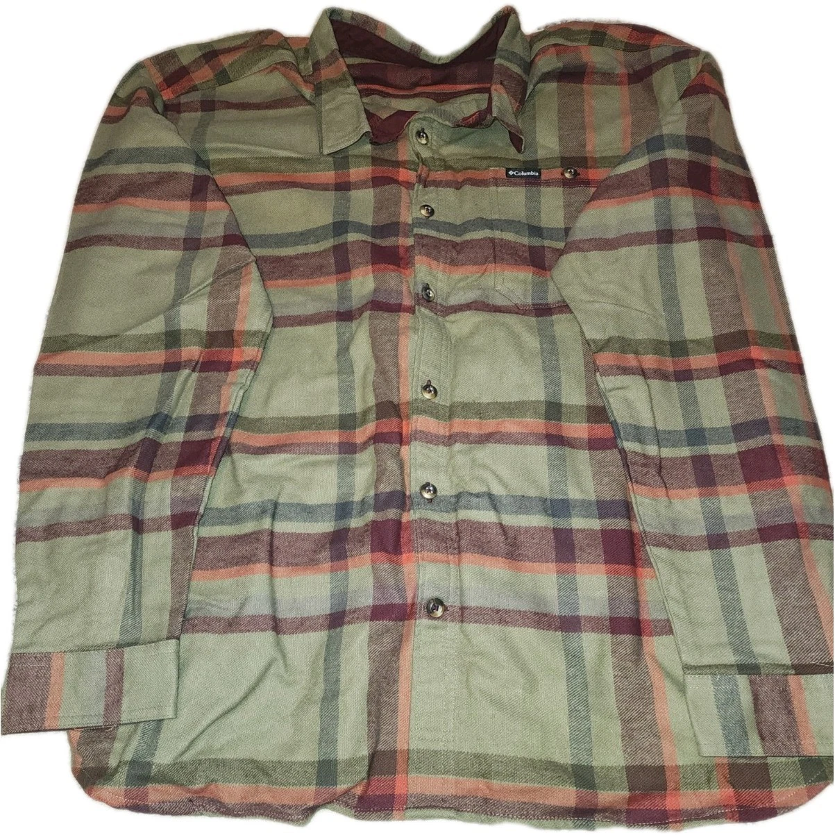 Columbia Plaid Flannel Shirt Green Red Brown Cotton 2X Long Sleeve Men's