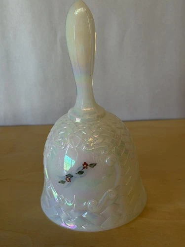 Signed Lynn Fenton Bell White Iridescent Glass Hand Painted Christine Schaffer