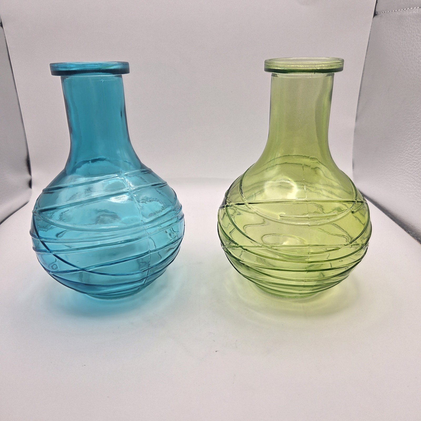 Vintage Set of 2 Bulbous Art Glass Bud Vases - Aqua Blue & Lime Green Swirl 7