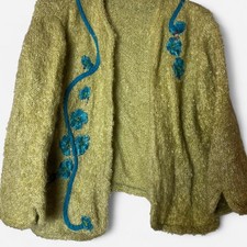 Small green vintage knitted cardigan sweater with blue floral boho cottage core