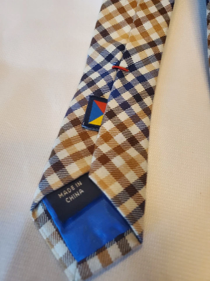 Gravata masculina NAUTICA 100% algodão gravata fina azul estreita marrom xadrez tartan 2,5" - Imagem 2 de 4