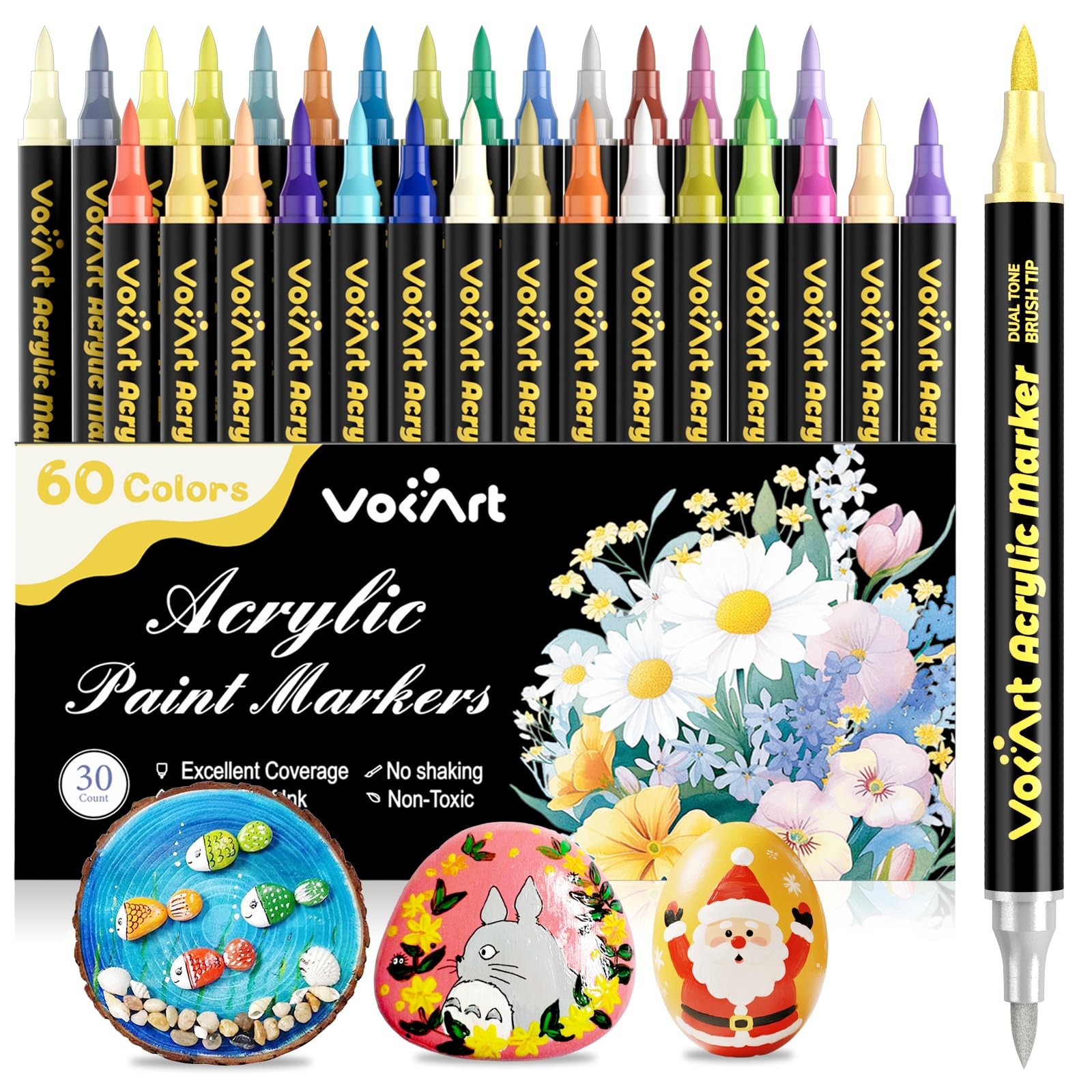 60 Colors Acrylic Paint Markers - 30 Dual Brush Tip Paint Pens Including 2 Me...