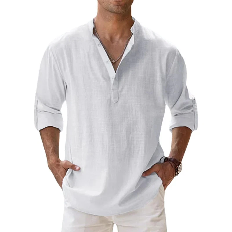 Cotton Linen Shirts for Men Casual Lightweight Long Sleeve Henley Beach Shirts
