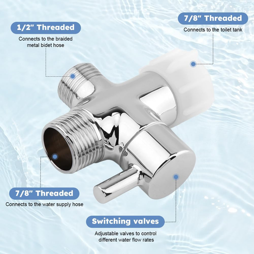 3 Way Bidet T Adapter, Leakproof Metal T Valve with Shut off Valve, for Handheld - Picture 3 of 12
