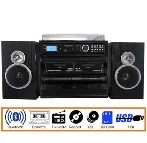 Trexonic 811BS 3-Speed Turntable Dual Cassette CD Record Player with USB AUX SD