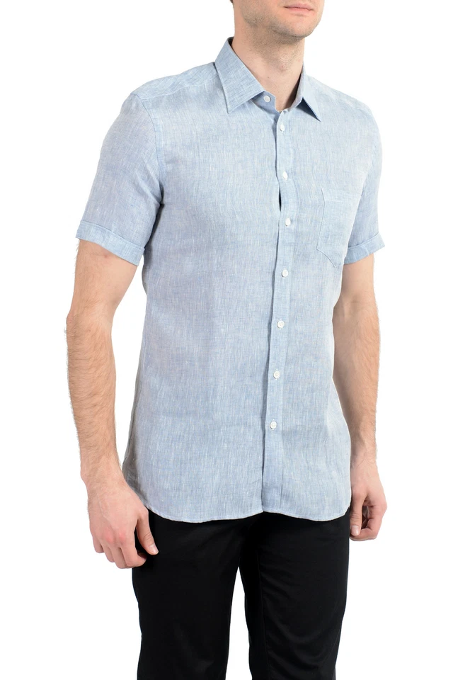 Camisa de vestir Malo para hombre azul 100 % lino manga corta con botones talla 15 15,5 Foto 2 de 4