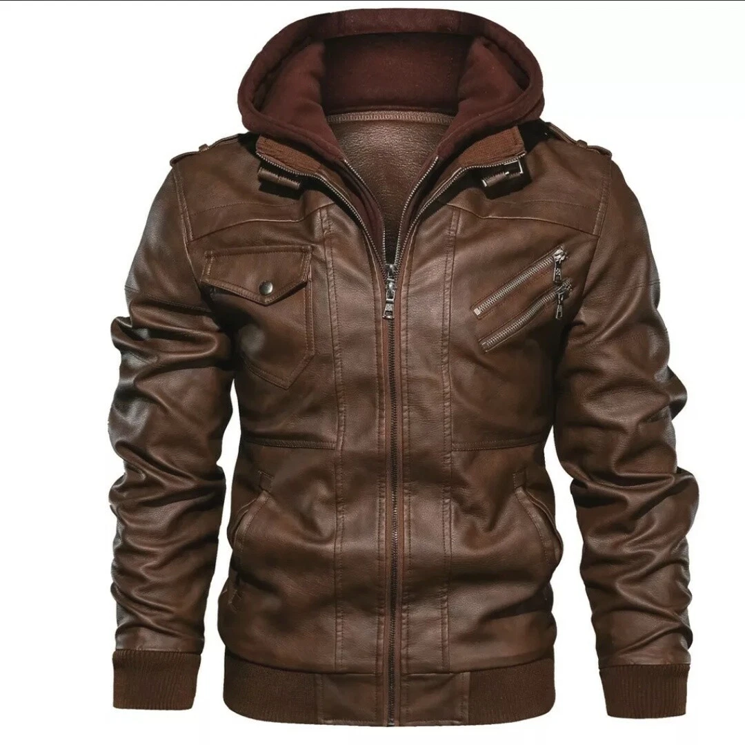 Men's Genuine 100% Lambskin Leather Jacket With Detachable Hoodies Fashion Biker
