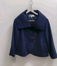 Edina Ronay 100% Wool Navy Pea Swing Jacket Coat Flare Sleeves Collar, Size 14