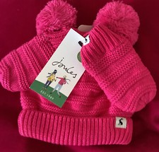 6-12 Months Joules Bright Pink Organic Cotton Knitted Bobble Hat & Mitts