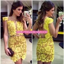 New Fashion Women Sexy Backless Yellow Lace Clubwear Short Mini Wrap Party Dress