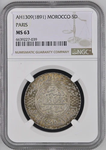 MOROCCO 5 Dirhams 1891 AH1309 Silver NGC MS63 Moulay al-Hasan I