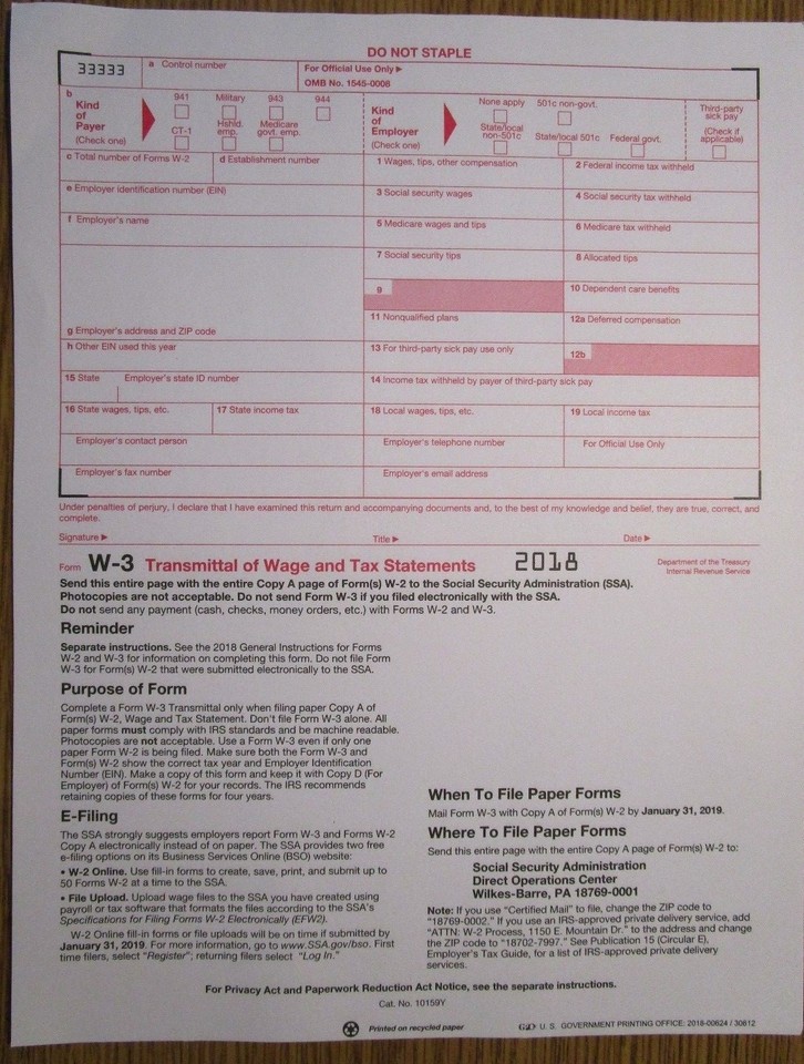 2018 IRS Tax Form W-3 Transmittal of Wage & Tax Statements (for W-2s to ...