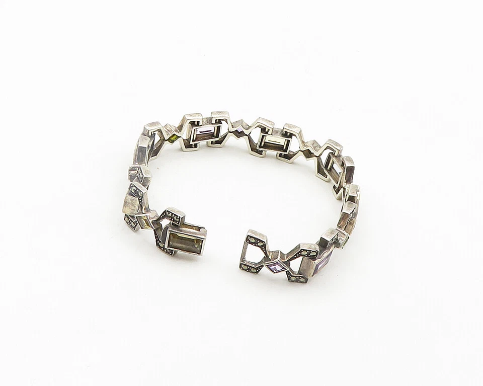 925 Silver Vintage Topaz Amethyst Peridot & Marcasite Chain Bracelet BT7728 - Image 4 of 4