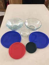 5pc Pyrex Nesting Round Mixing Bowls Blue Tint Clear And Sm Storage Bowl W/Lids